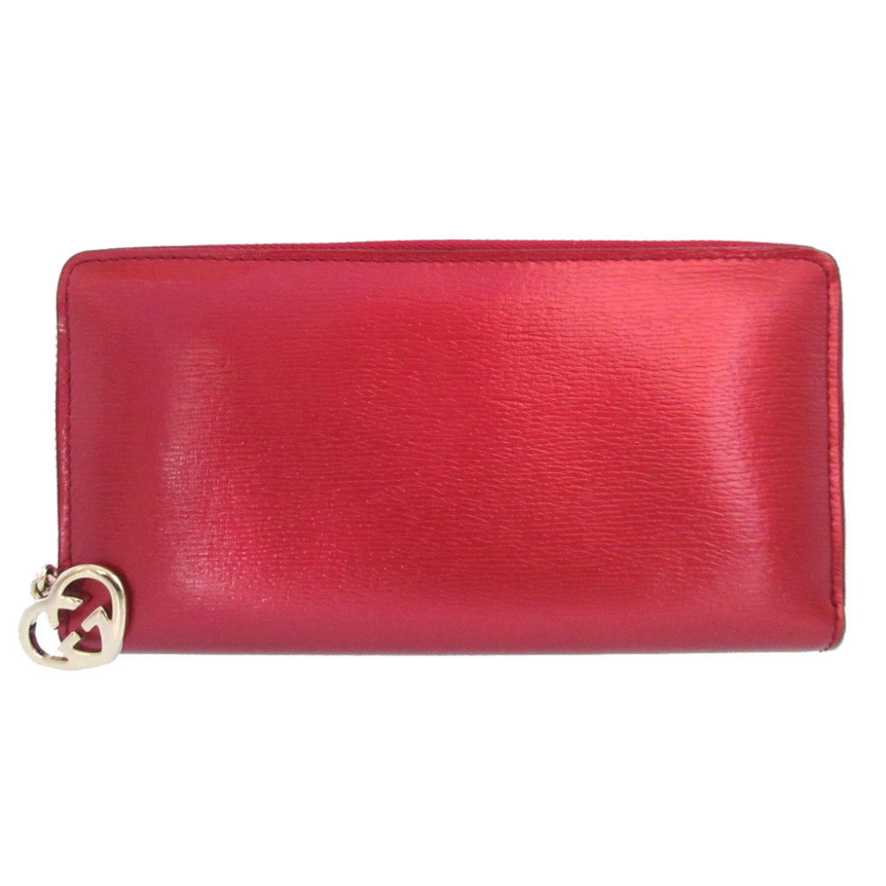 Gucci 308005 Interlocking G Lovely Heart Leather Metallic Red Round Zip Long ...